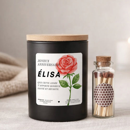 Bougie personnalisée « Joyeux anniversaire » avec Rose, fleur de naissance de Juin – Boîte noire – Atelier 430