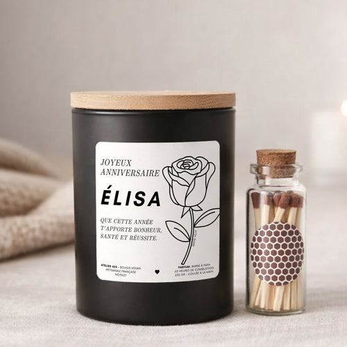 Bougie personnalisée Joyeux anniversaire avec rose, fleur de naissance de juin – Boîte noire – Atelier 430