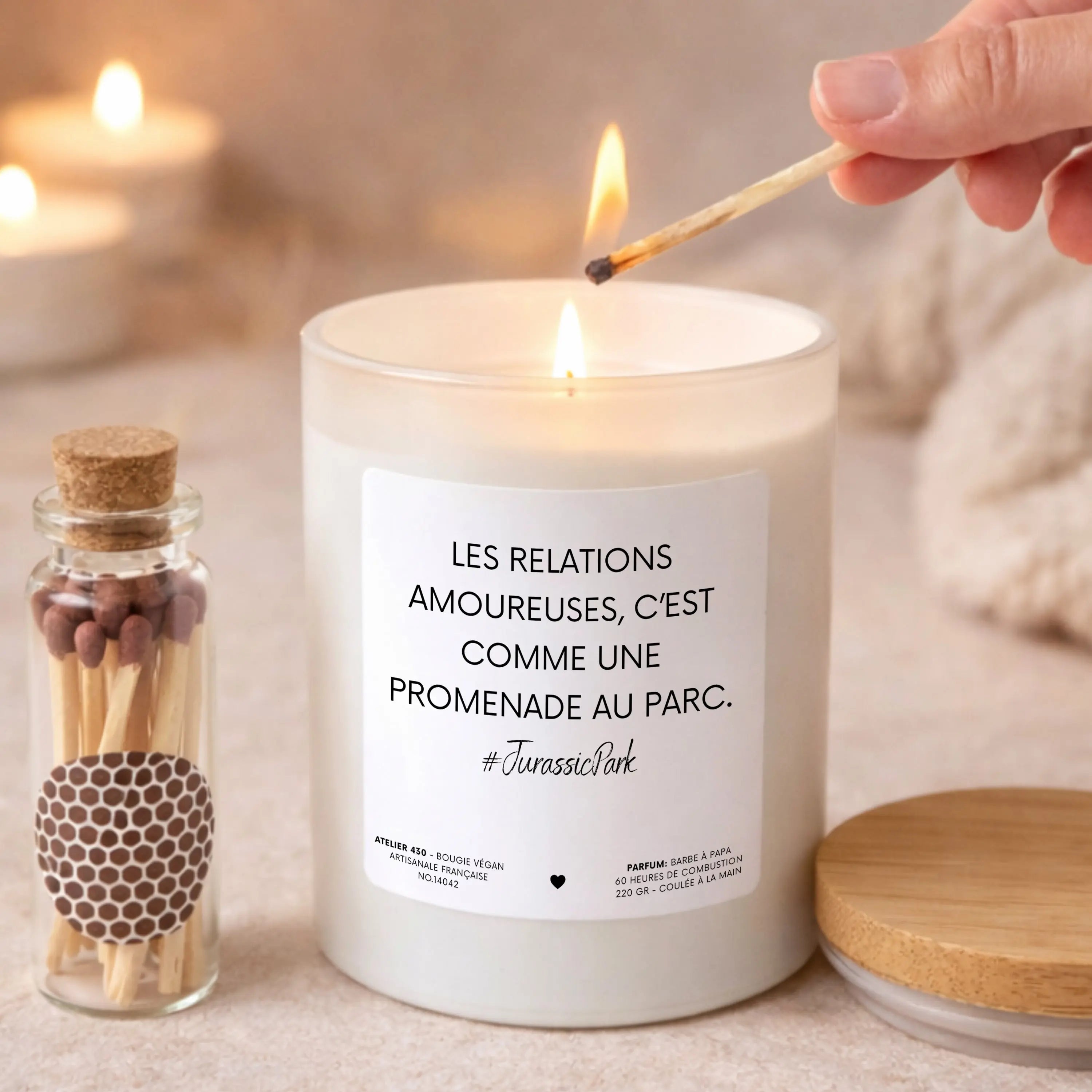 Bougie à message humoristique « Les relations amoureuses, c’est comme une promenade au parc. #JurassicPark » avec boîte blanche – Atelier 430