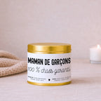Bougie à texte personnalisable « Maman de garçons, 100 % chaos garanti » avec boîte or – Atelier 430