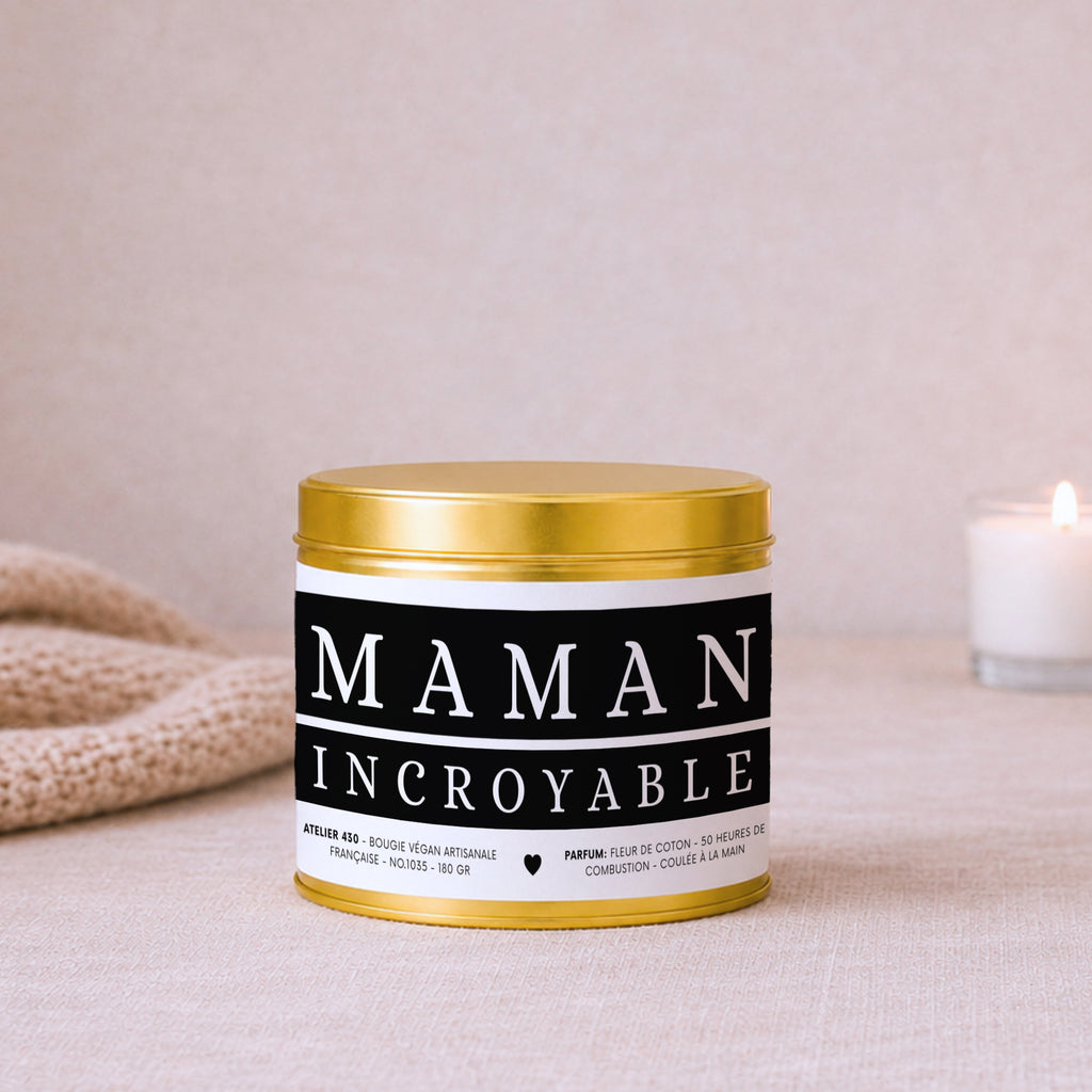 Bougie à texte personnalisé « Maman incroyable » avec boîte or – Atelier 430