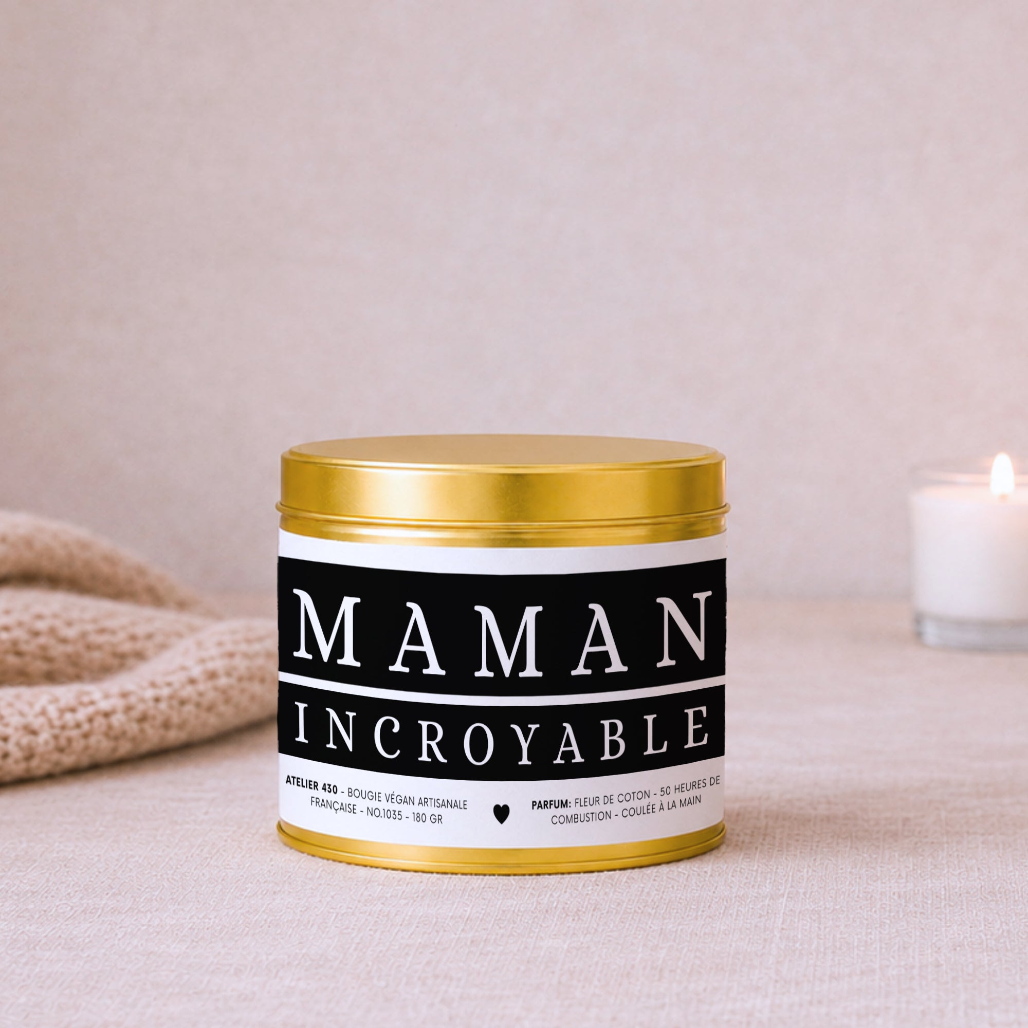 Bougie à texte personnalisé « Maman incroyable » avec boîte or – Atelier 430