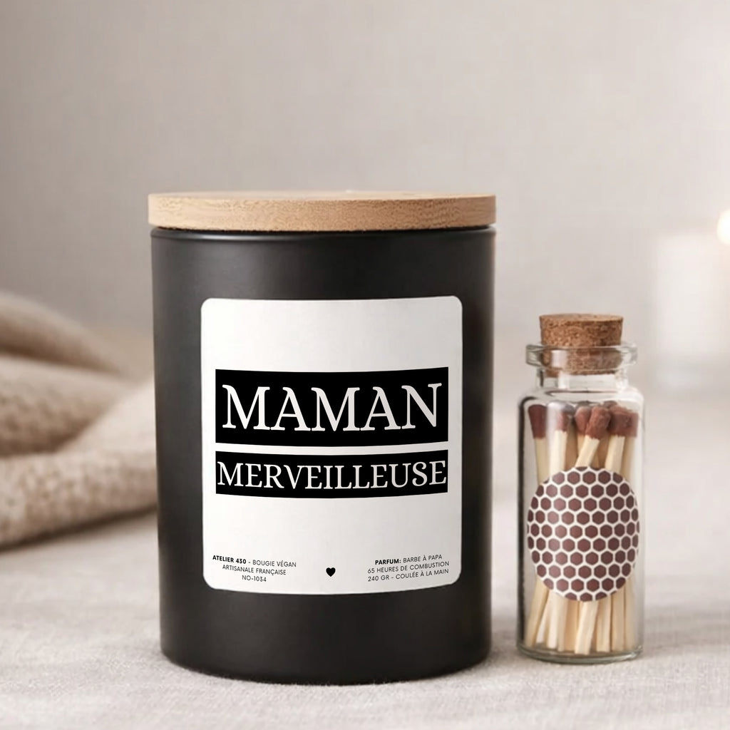 Bougie personnalisée « Maman merveilleuse » avec boîte noire – Atelier 430