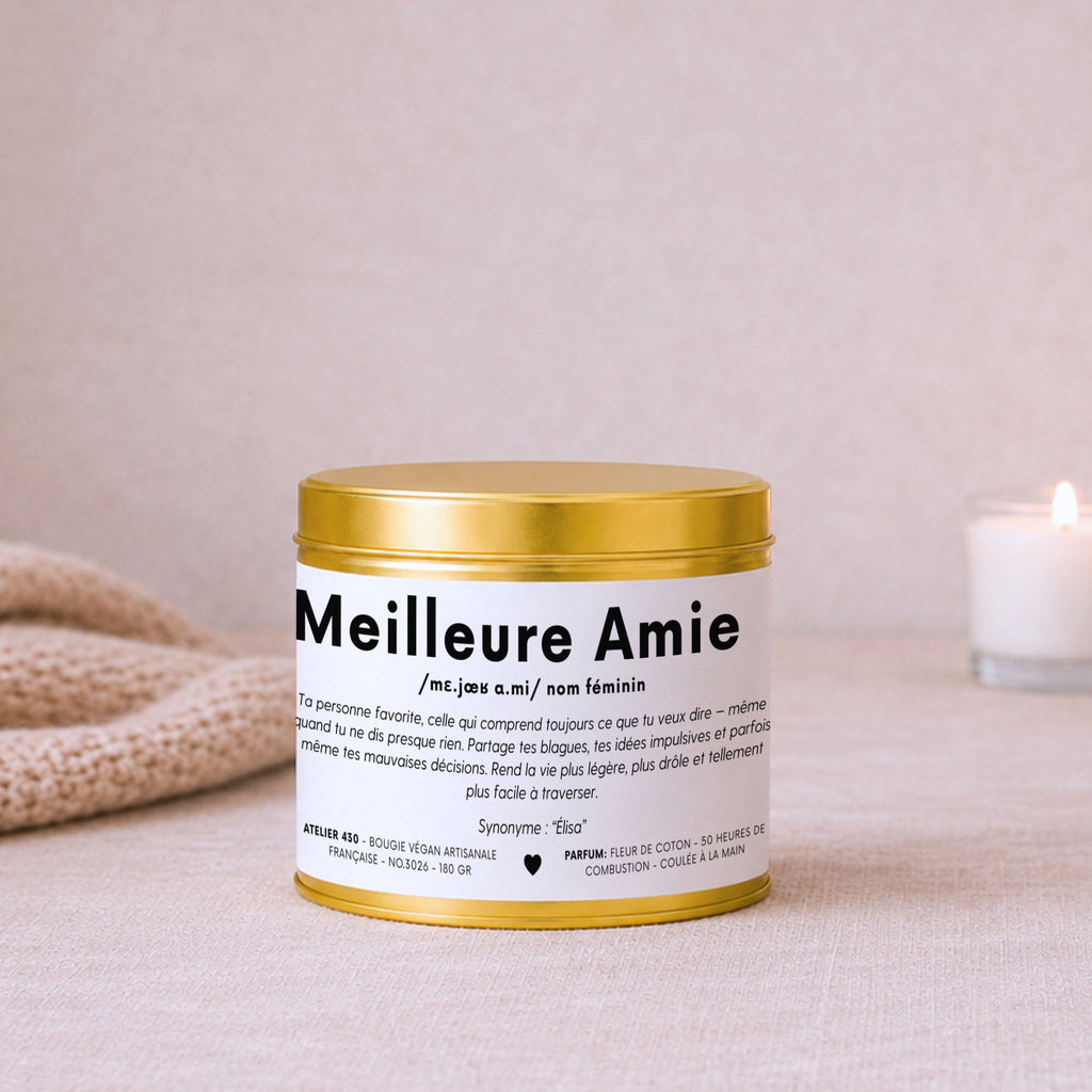 Bougie personnalisée définition tendre de Meilleure Amie – Boîte or – Atelier 430