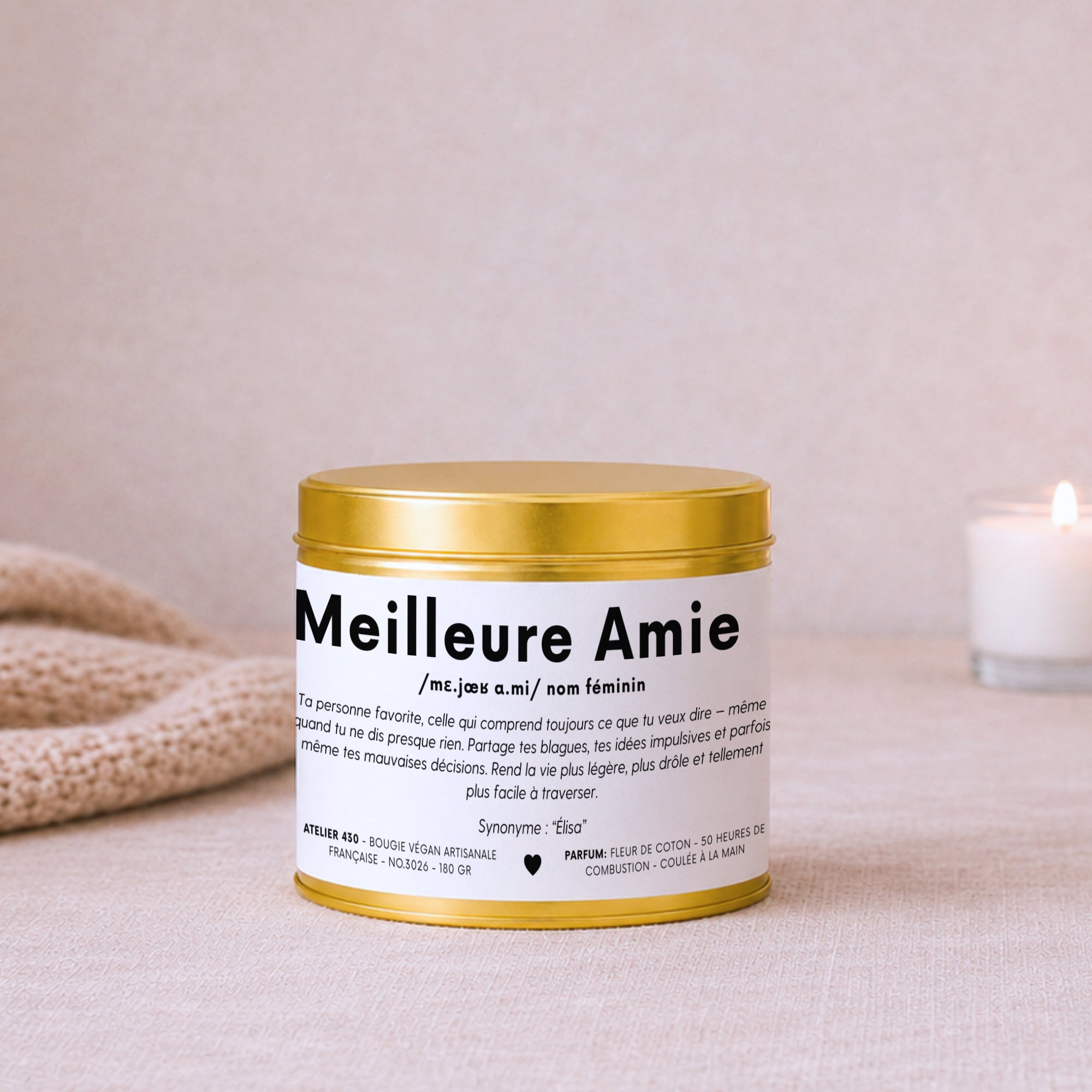 Bougie personnalisée définition tendre de Meilleure Amie – Boîte or – Atelier 430
