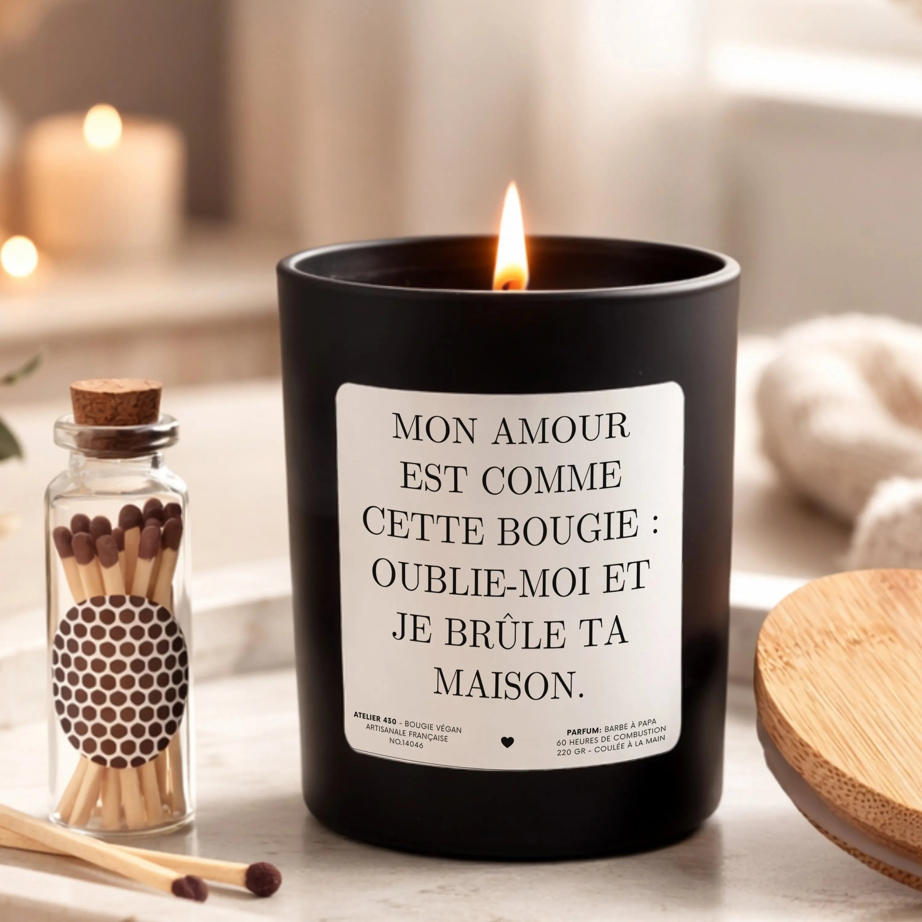 Bougie personnalisée « Mon amour est comme cette bougie : oublie-moi et je fais des étincelles » avec boîte noire – Atelier 430