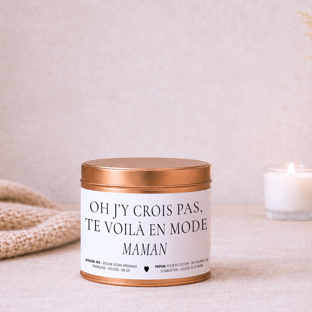Bougie cadeau personnalisé « Oh j’y crois pas, te voilà en mode maman » avec boîte cuivrée – Atelier 430