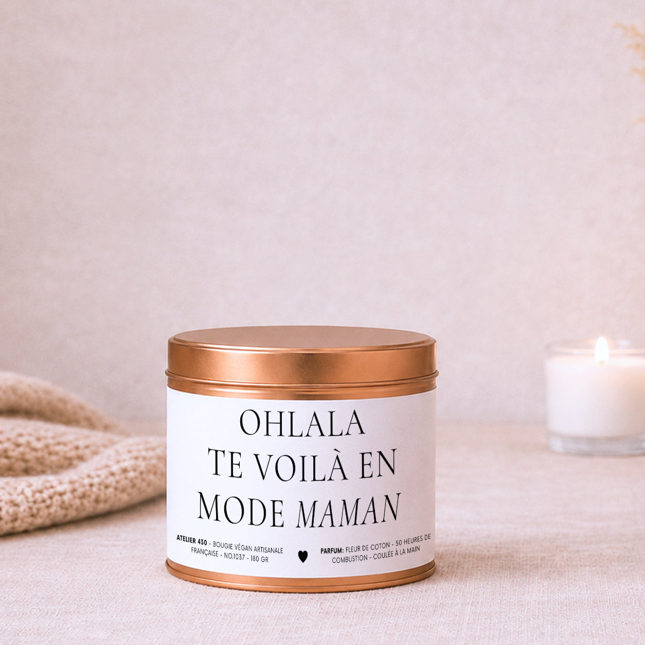 Bougie cadeau jeune maman « Ohlala, te voilà en mode maman » avec boîte cuivrée – Atelier 430