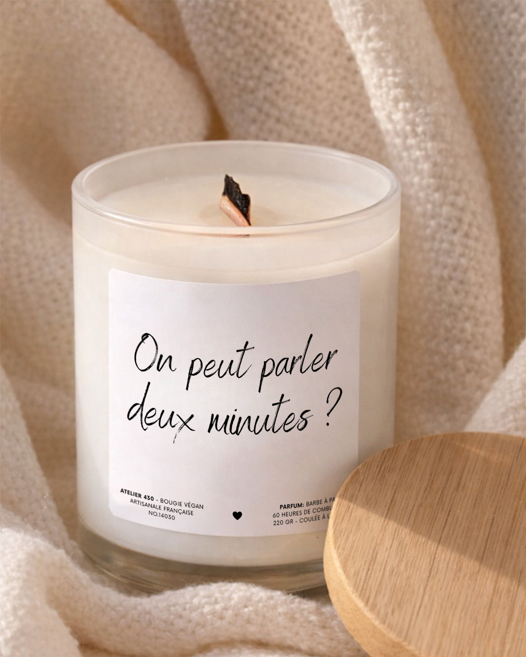 Bougie à message « On peut parler deux minutes ? » avec boîte blanche – Atelier 430