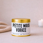 Bougie impertinente et décalée « Petite mais vorace » avec boîte or – Atelier 430