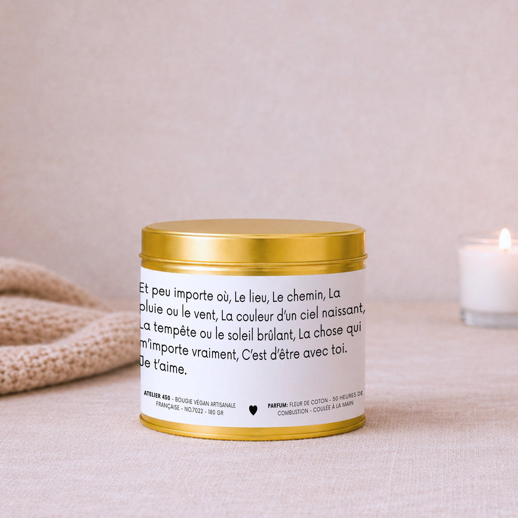 Bougie avec texte romantique personnalisé « Peu importe le chemin, je veux être avec toi » avec boîte or – Atelier 430