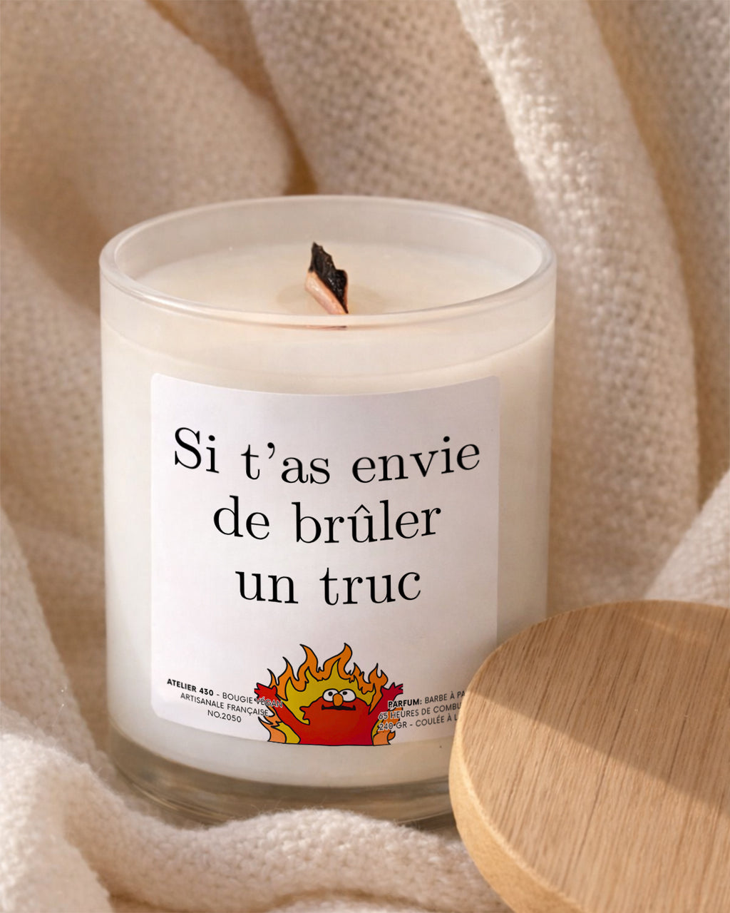 Bougie à message drôle « Si t’as envie de brûler un truc » avec boîte blanche – Atelier 430