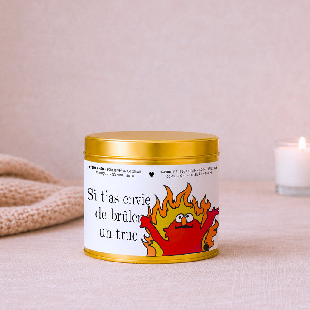 Bougie avec texte humoristique « Si t’as envie de brûler un truc » avec boîte or – Atelier 430
