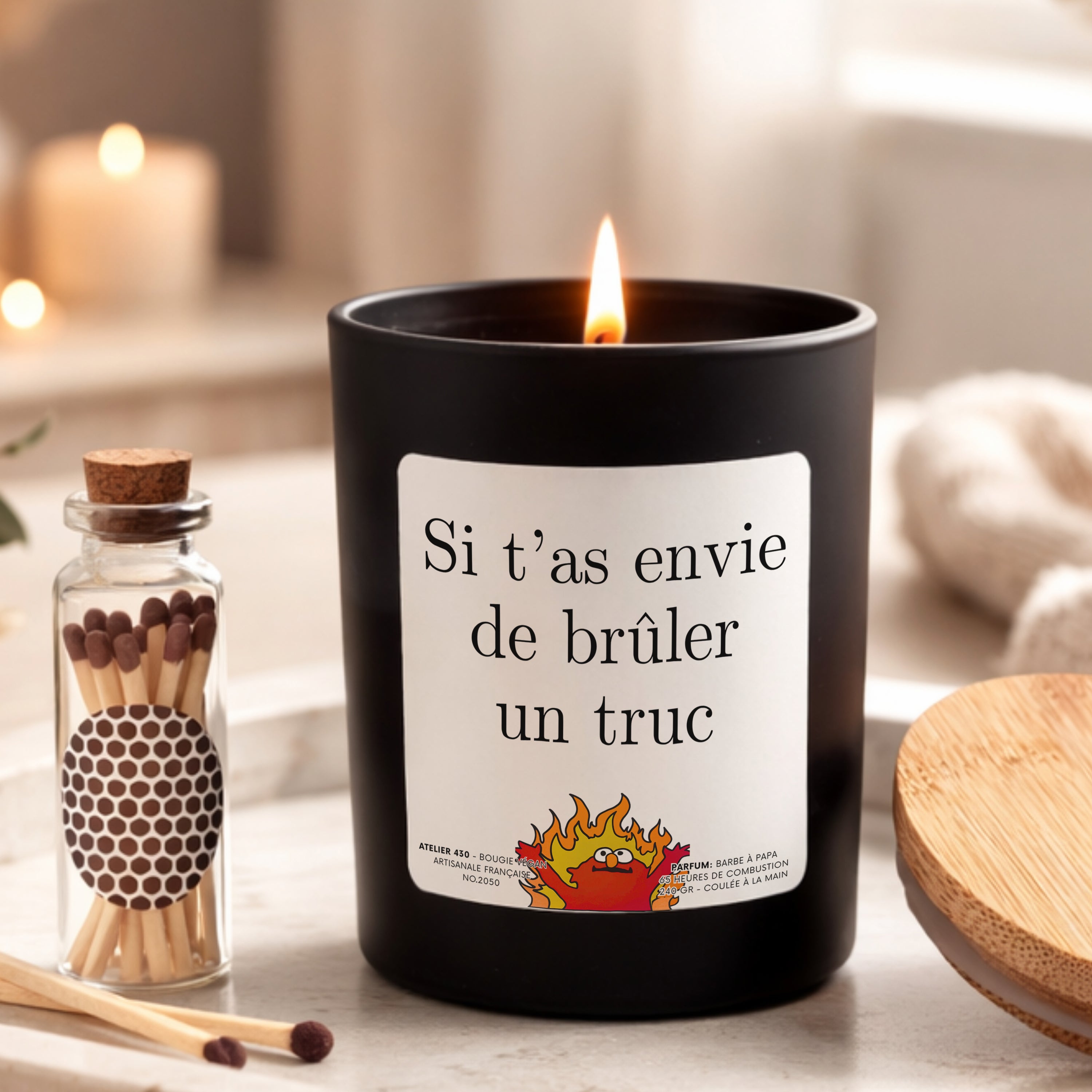 Bougie humoristique personnalisée « Si t’as envie de brûler un truc » avec boîte noire – Atelier 430