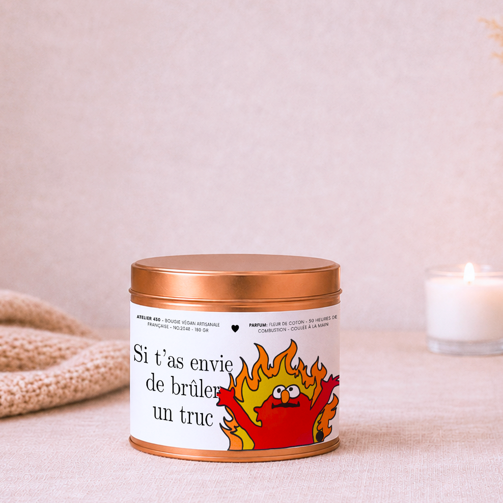 Bougie cadeau humoristique personnalisée « Si t’as envie de brûler un truc » avec boîte cuivrée – Atelier 430