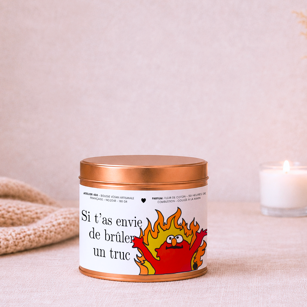 Bougie cadeau humoristique personnalisée « Si t’as envie de brûler un truc » avec boîte cuivrée – Atelier 430
