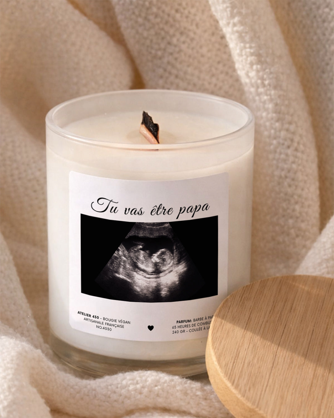 Bougie à message « Tu vas être papa » avec boîte blanche – Atelier 430