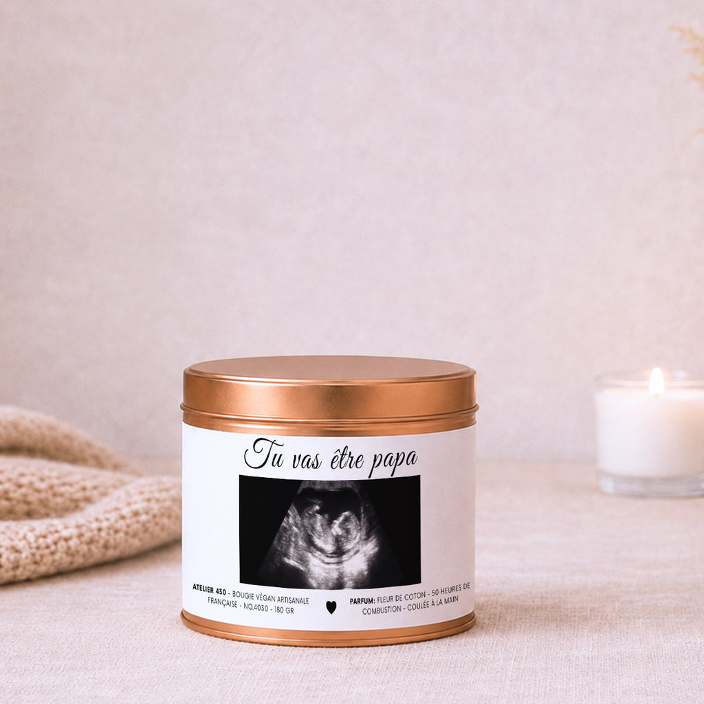 Bougie cadeau future paternité « Tu vas être papa » avec boîte cuivrée – Atelier 430