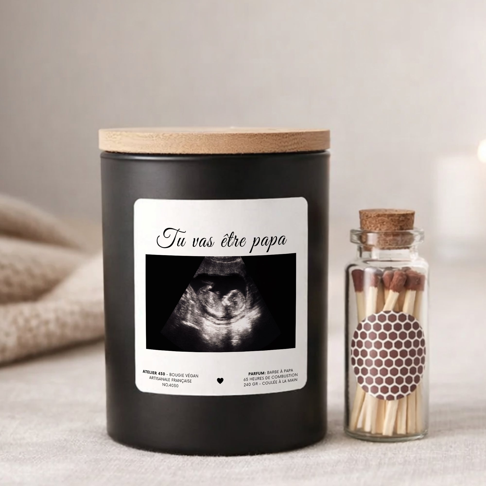 Bougie personnalisée « Tu vas être papa » avec boîte noire – Atelier 430