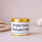 Bougie impertinente et décalée « Un pour tous, tous pour moi » avec boîte or – Atelier 430