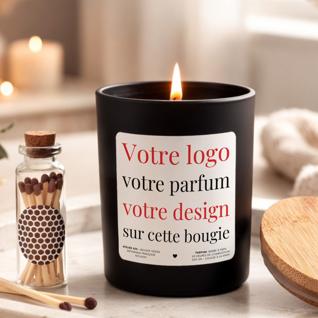 Bougie personnalisée avec votre logo, votre parfum et votre design pour créateurs – Boîte noire – Atelier 430