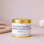 Bougie mariage humoristique « Vous êtes légalement coincés l’un avec l’autre. Félicitations ! » avec boîte or – Atelier 430